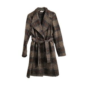 Solitaire Anthropologie Plaid Long Trench Overcoat Womens Large Button Up Belted